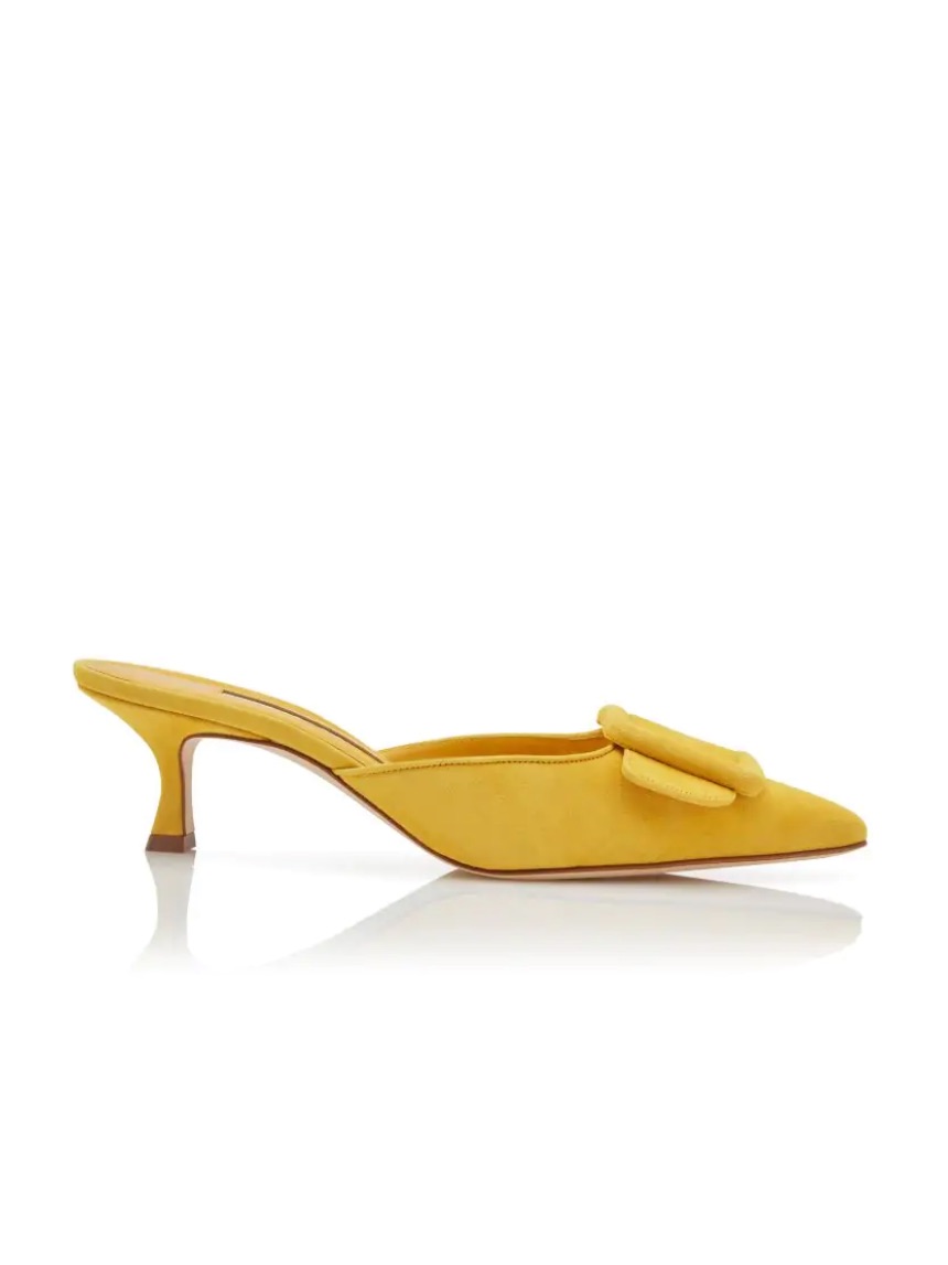 Manolo Blahnik Maysale Yellow Suede Buckle Mules - New! - Size 35